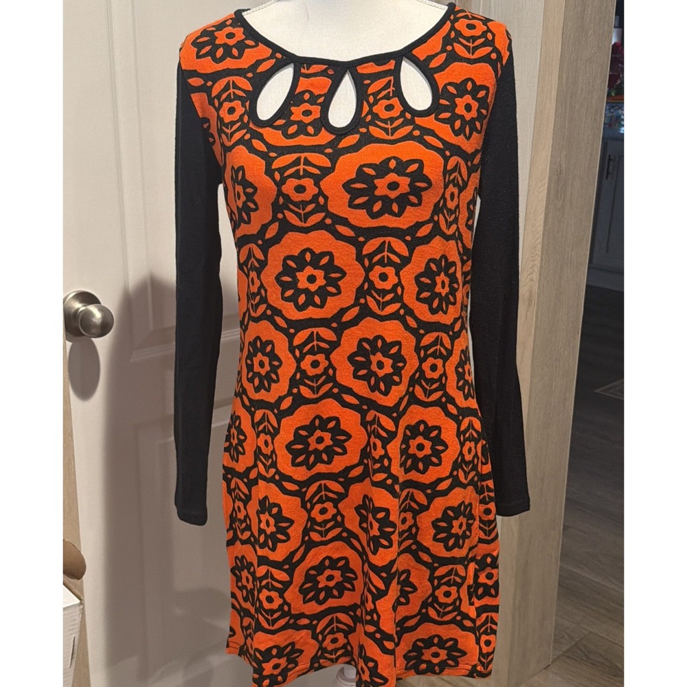 Aryeh Acrylic Sweater Dress Anthropologie Womens Med Orange Black Floral Print‎